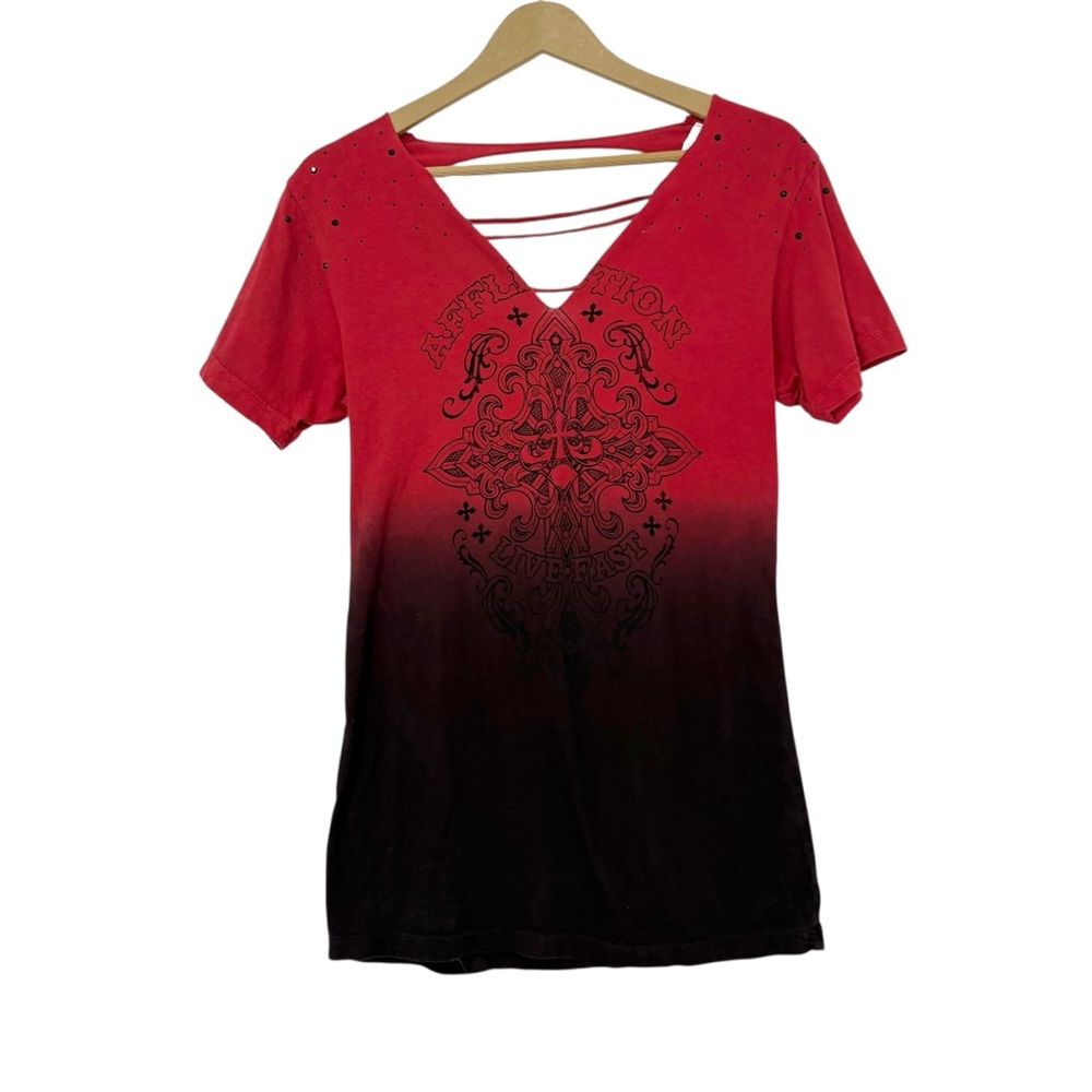 Affliction Womens Large Red Black Back Slit V Neck Top Grunge Punk Goth Festival